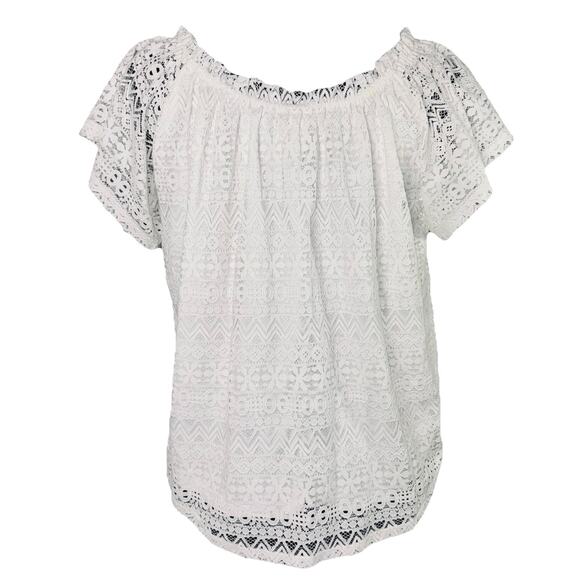 Melrose And Market White Lace Eyelet Cutout Off Shoulder Ruffle Sleeve SM Blouse - Picture 3 of 6